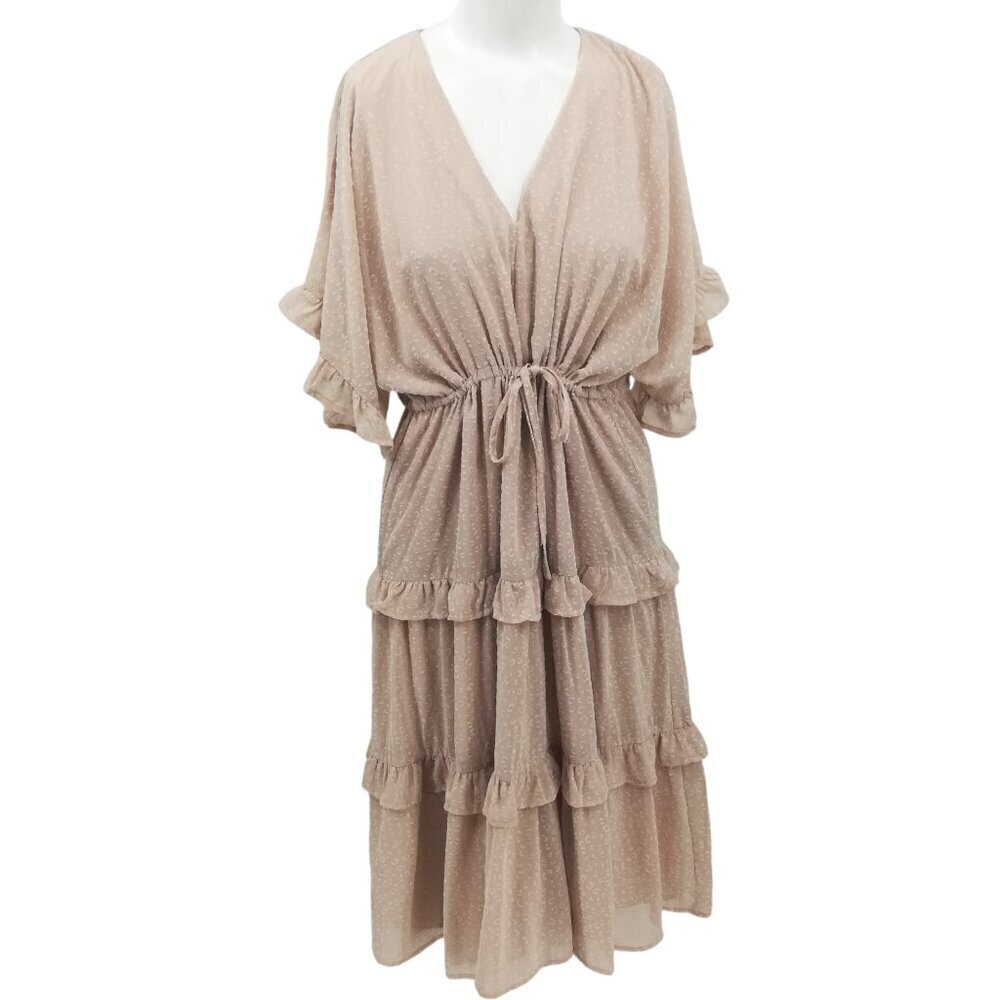 Storia Peasant Sheer Midi Drawstring Ruffled Tiered Dress Size S V Neck Boho